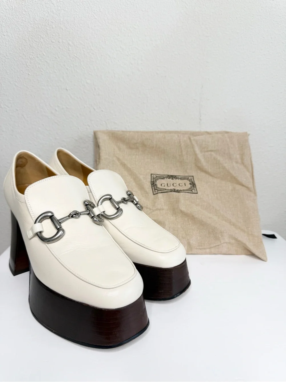 Gucci Malaga Kid Horsebit Platform Loafers In Mystic White / Ivory Size 37.5